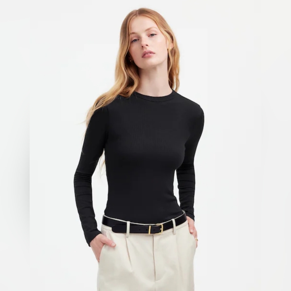 NWT Madewell Jet Black Drapey Rib Long-Sleeve Tee in Stripe Womens Size 3X
